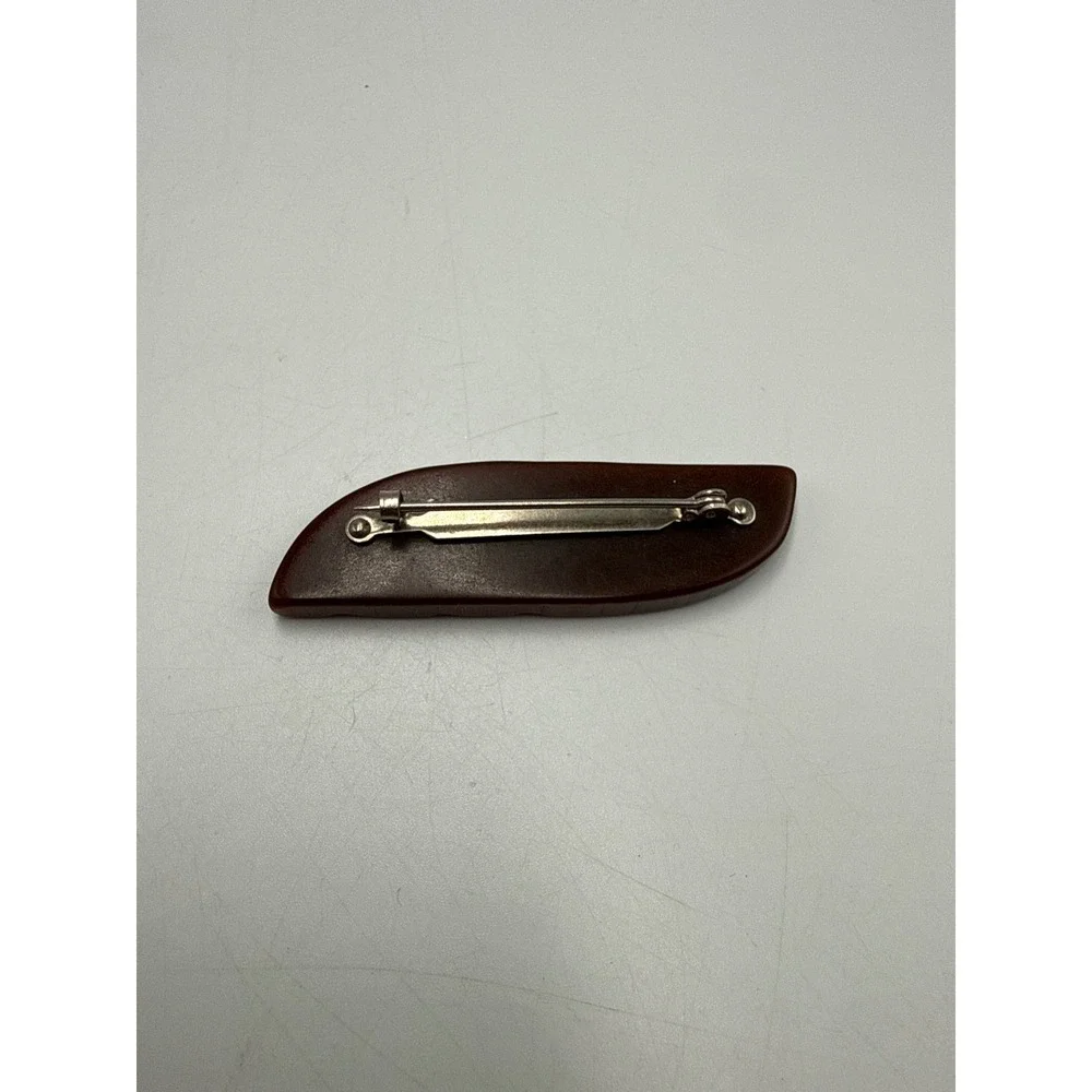 Vintage Carved Brown Brooch Leaf Feather Pin Mid Century Art Deco Style